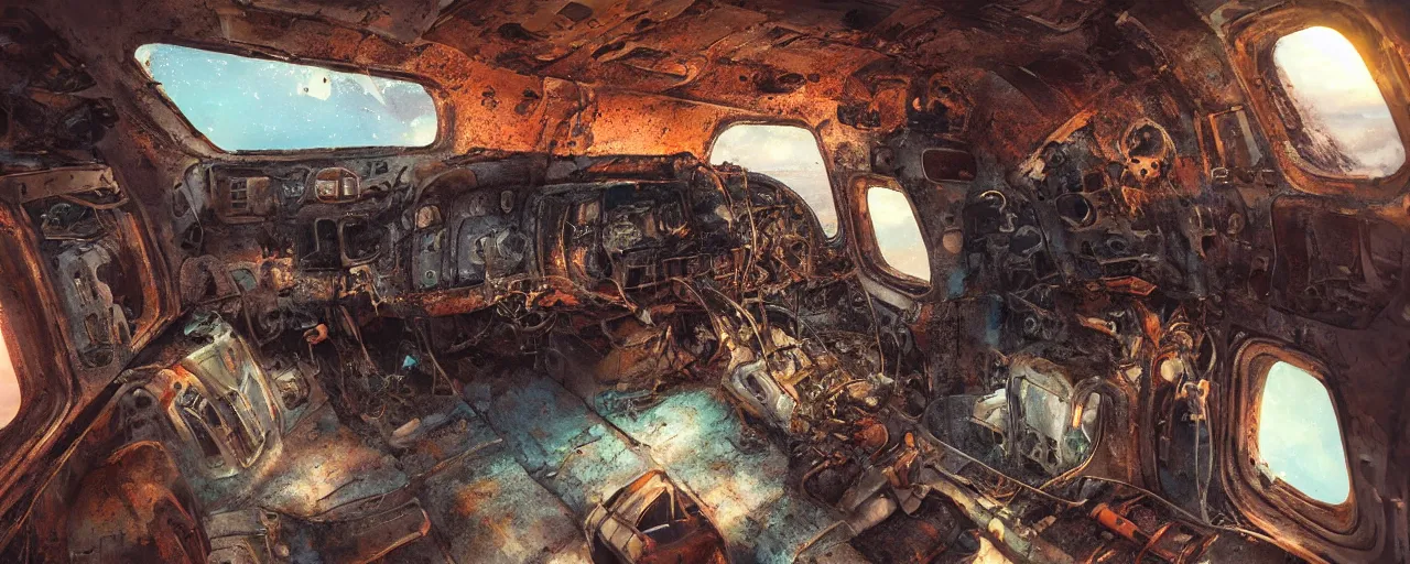 Prompt: a rusty plane crashed in the bottom on the ocean, the scene is illuminated by the light coming from the interior of the plane, through the windows, artstation, digital art