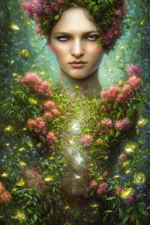 Image similar to a stunning ultra detailed fantasy fine art closeup photo of trinx ebros surrounded by blooming floral foliage, fireflies!!, by tomasz alen kopera, igor morski and anna dittman, misty night, very detailed, deep depth of field, 8 5 mm lens, soft lighting, artstation, highly coherent, 8 k