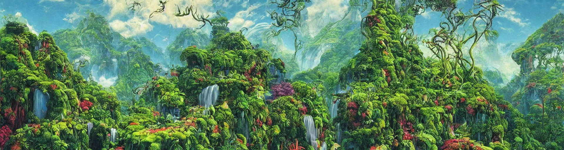 Prompt: Forested mountain paradise | solarpunk | Roger Dean |