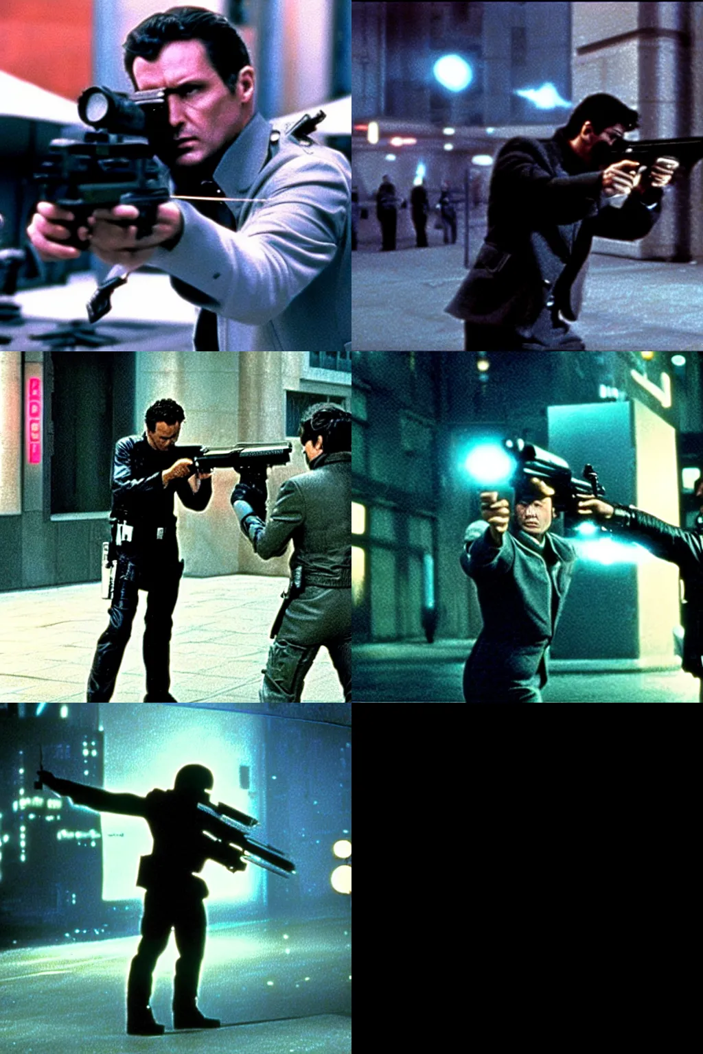 Prompt: Detective aiming gun at an android, in futuristic city, directed by Ridley Scott, neo-noir science fiction, style of Nicholas Bouvier
