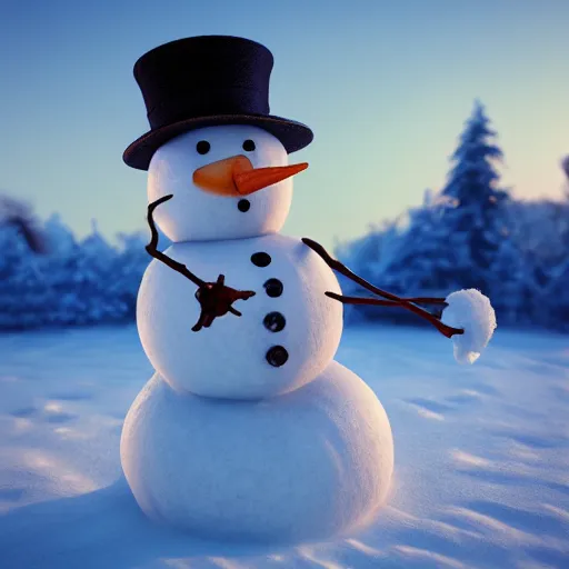 Image similar to a highly detailed snowman with a smile, artstation, DeviantArt, professional, octane render, sunset lighting