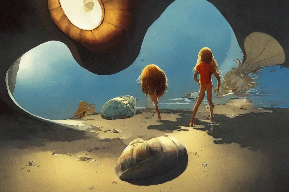 Image similar to atmospheric painting of a giant seashell where a young girl lives, by moebius and john harris, atmospheric blues, concept art, saturation 40