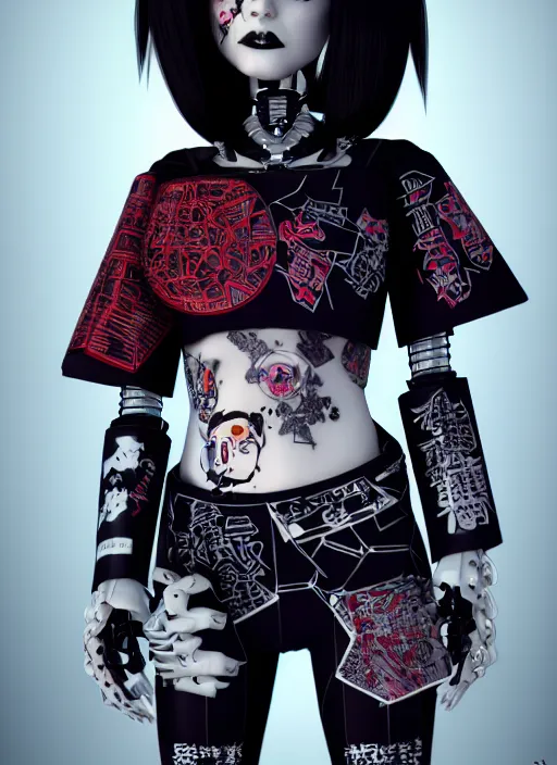 Image similar to full body portrait of a gothic style punk geisha robot with kanji tattoos and decals wearing a digital pixelated kimono, intricate design, photo - realistic, octane render, dark colour palette, ultra fine detailed, character design, trending on artstation