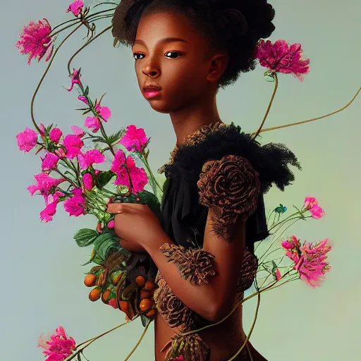 Prompt: highly detailed painting of a black cherub carrying flowers, intricate, elegant, digital painting, artstation, in the style of kehinde wiley, krenz cushart, artem demura
