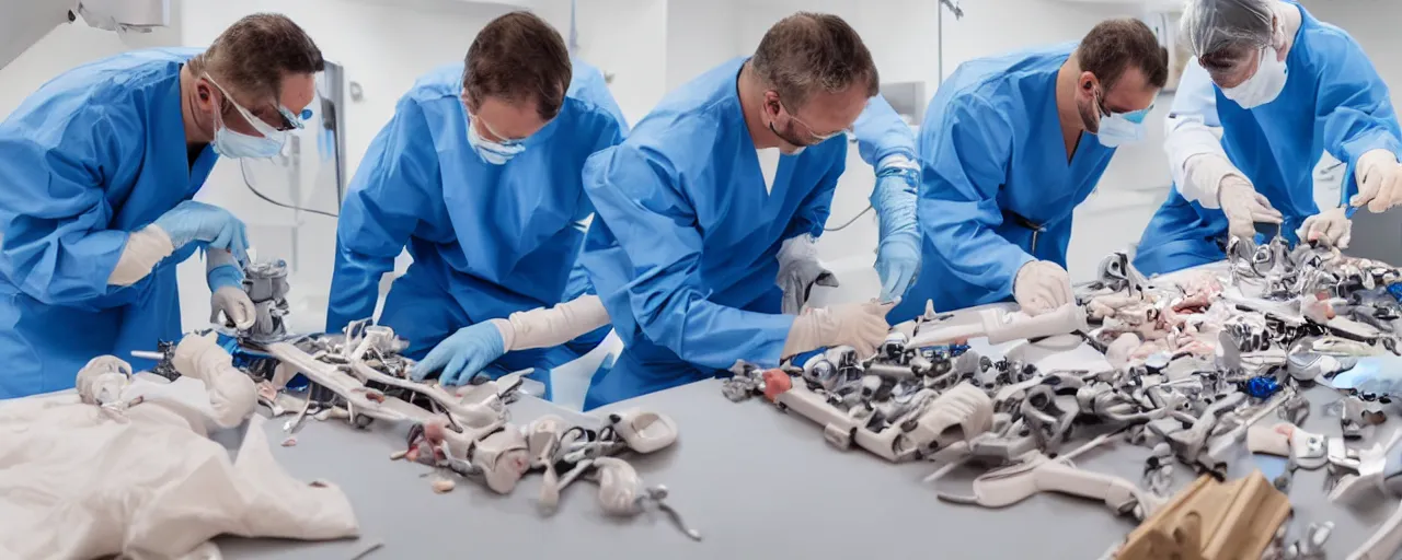 Prompt: three surgeons performing an operation on a jigsaw puzzle on an operating table, 16k, ultra realistic