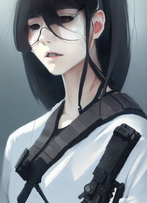Prompt: a girl with black sports clothes, realistic airsoft mask, softair center landscape, illustration, concept art, anime key visual, trending pixiv fanbox, by wlop and greg rutkowski and makoto shinkai and studio ghibli and kyoto animation, airsoft cqb, symmetrical facial features, short hair, airsoft electric pistol, realistic anatomy