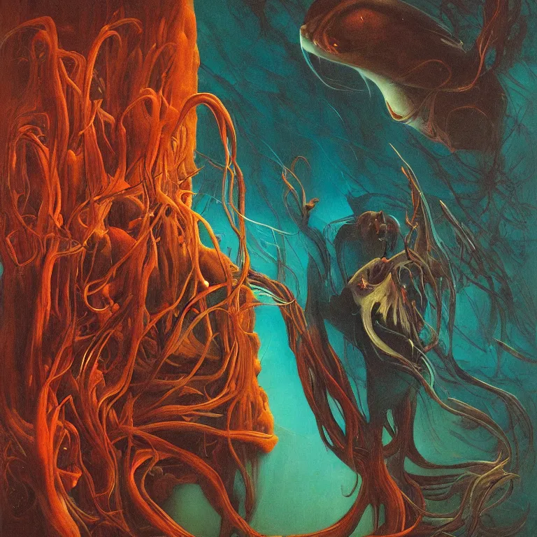 Image similar to Hyperrealistic intensely colored studio Photograph portrait of a deep sea bioluminescent Vampire Squid deep underwater in darkness long exposure, award-winning nature deep sea expressionistic impasto heavy brushstrokes oil painting by Audubon and Zdzisław Beksiński vivid colors hyperrealism 8k