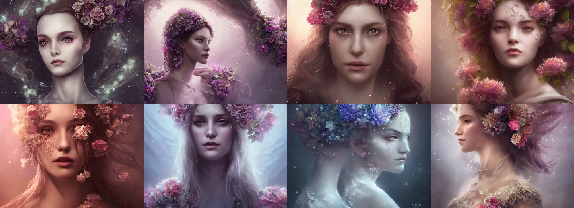 Prompt: realistic character concept, noridc princess with lots of flowers in the face, elegant pose, scifi, illustration, symmetrical face and body, artstation, cinematic lighting, hyperdetailed, 8 k, charlie bowater, inspirate by thomas robson, insanely detailed and intricate, elegant, dark fractal background, vfx, art deco, postprocessing