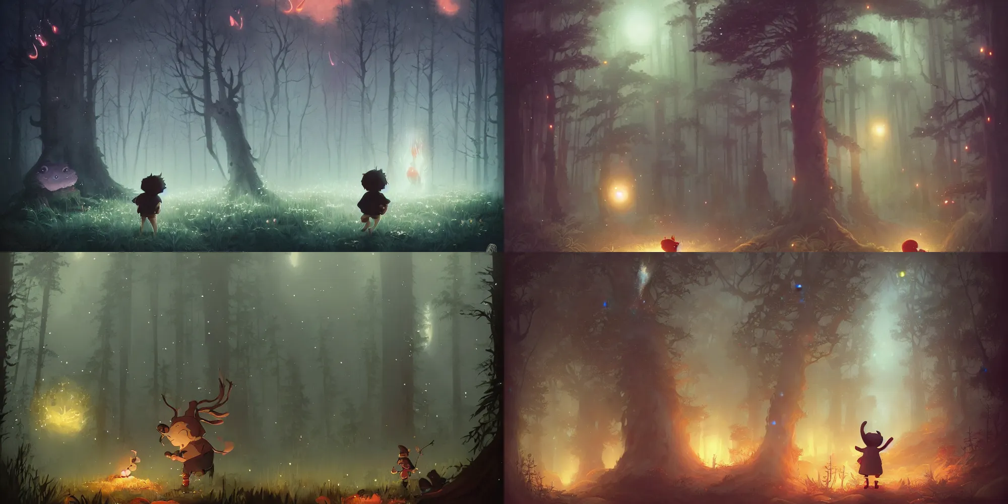 Prompt: a small boy!! meets a huge!! furry monster in a misty moonlit forest, painting by peter mohrbacher and studio ghibli. surrounded by glowing fireflies, cinematic lighting, dynamic composition, cgsociety