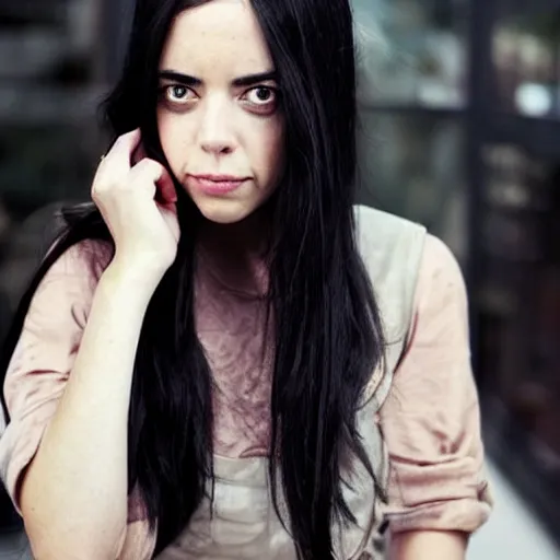 Image similar to a girl with long black hair her face is a mix between aubrey plaza, krysten ritter, lucy hale and maisie williams