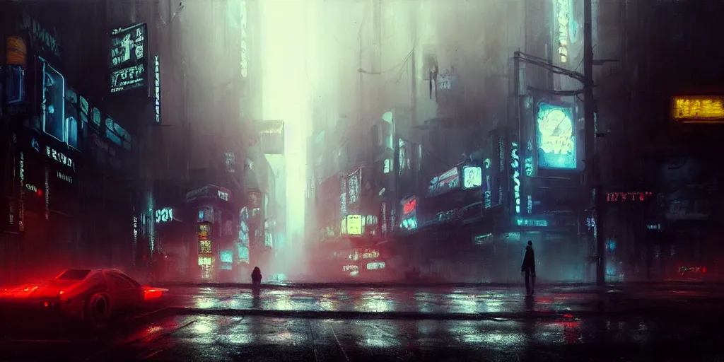 Image similar to beautiful painting by jeremy mann, cyberpunk street, neon signs, still from blade runner movie, desaturated, oil painting, perfect composition, detailed octane render trending on artstation, misty, ominous, unsettling, 8 k artistic photography, volumetric cinematic perfect light, wlop, artgerm, greg rutkowski