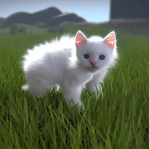 Image similar to white kitten in a field, unreal engine, detailed