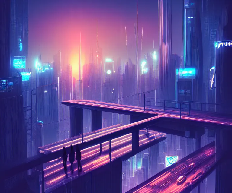 Image similar to a man standing on top of a bridge over a city, cyberpunk art by Vincent Lefevre, behance contest winner, altermodern, cityscape, synthwave, matte painting