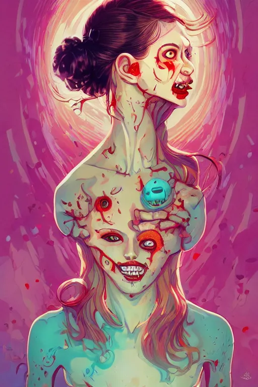 Image similar to a smiling cute zombie woman beautiful skin and wavy hair, tristan eaton, victo ngai, artgerm, rhads, ross draws