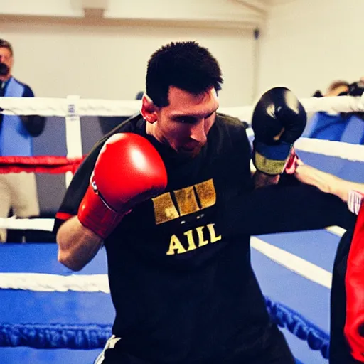 Prompt: photograph of Lionel Messi boxing with Muhammad Ali