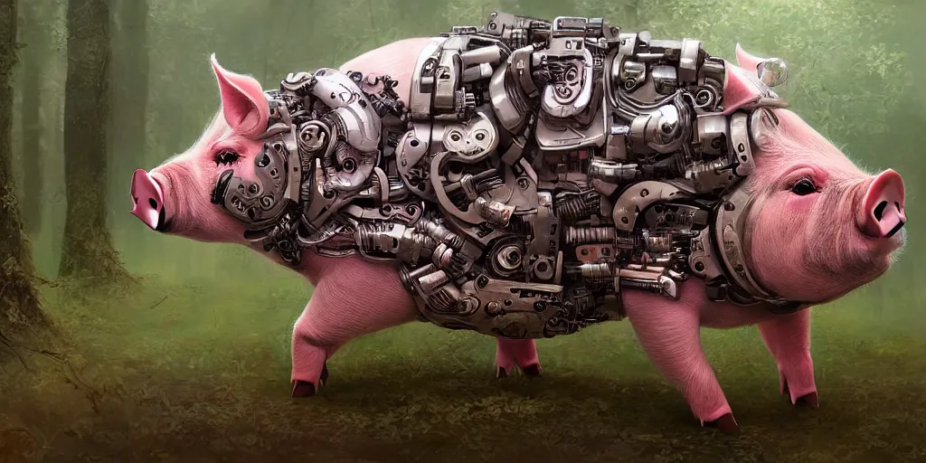 Image similar to portrait of a cyborg pig running in forest, cyberpunk, biomechanical, hyper detailed, trending on artstation