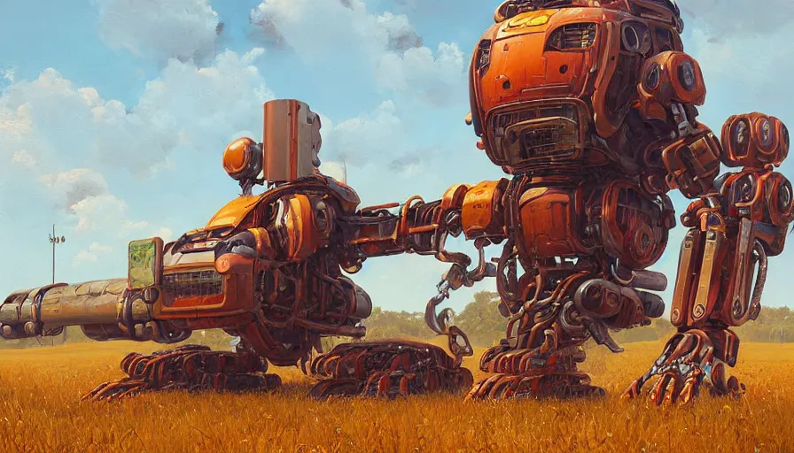 Prompt: an intricate oil painting of a giant scrap metal anime combine harvester humanoid mecha with rounded components by simon stalenhag