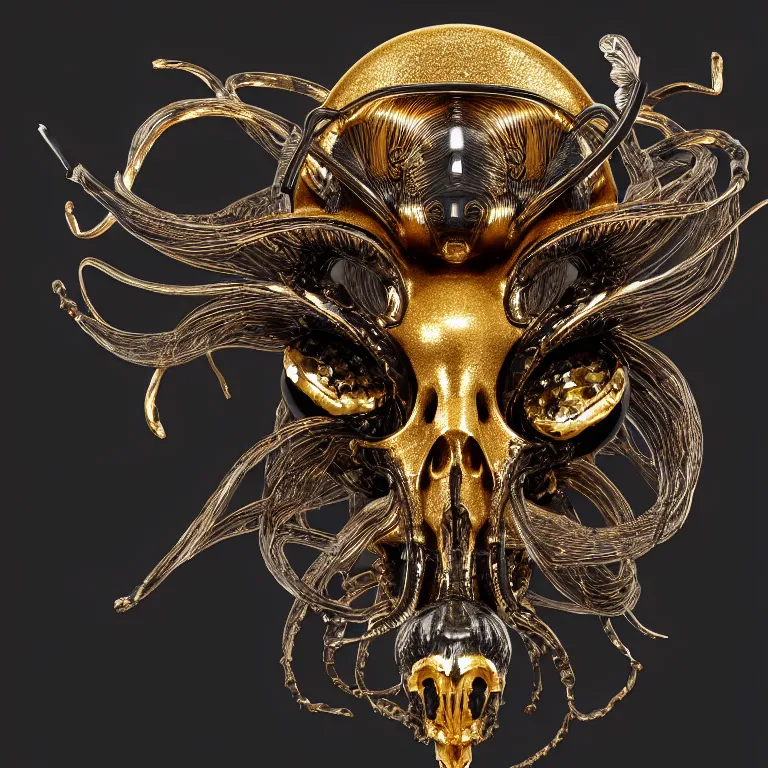 Image similar to black background. absolutely symmetrical sculpture. centered. goddess princess face close-up portrait ram skull. sculpture made of gold and black charcoal. jellyfish phoenix head, nautilus, orchid, skull, betta fish, bioluminiscent creatures, intricate artwork by Tooth Wu and wlop and beeple. octane render, trending on artstation, greg rutkowski very coherent symmetrical artwork. cinematic, hyper realism, high detail, octane render, 8k