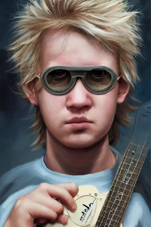 Image similar to blonde wild hair boy playing fender stratocaster, eye - patch, close - up portrait, plain white tshirt, powerfull, intricate, elegant, volumetric lighting, scenery, digital painting, highly detailed, artstation, sharp focus, illustration, concept art, steve mccurry