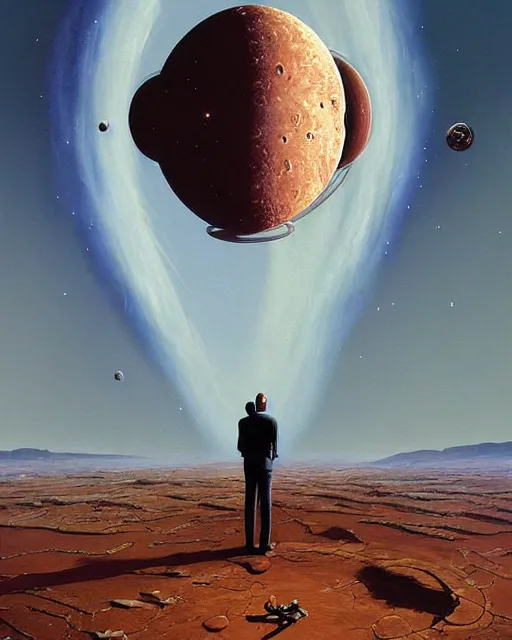 Image similar to a painting of a man standing in front of a giant alien, poster art peter elson and tim white and h. r. van dongen, cgsociety, space art, lovecraftian, cosmic horror, poster art