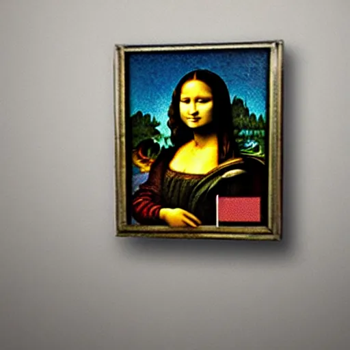 Image similar to picture of a painting on a wall that has a minecraft dirt block, with the body of the mona lisa