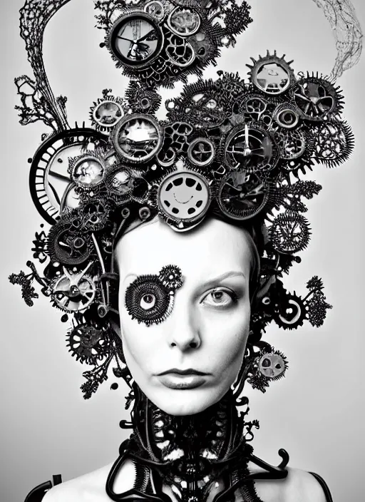 Image similar to surreal black and white photo portrait of complex bio-mechanical beautiful young female vegetal-cyborg with a Mandelbrot fractal steampunk metal fine lace face, curled silver hair and a fine metal floral foliage super big lace collar by Alexander McQueen:: high fashion, haute couture, rococo, steampunk, silver filigree details, anatomical, facial muscles, cable wires, microchip, elegant, hyper realistic, 150 mm lens, soft rim light, octane render, unreal engine, volumetric lighting, 8k,