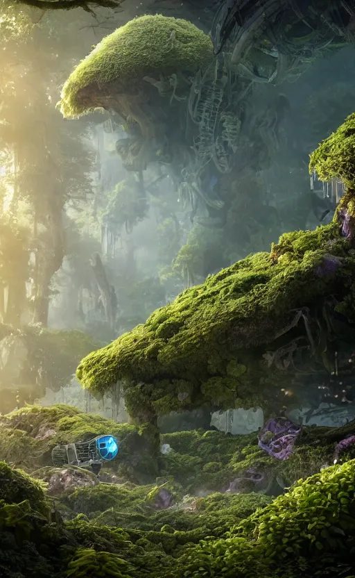 Image similar to microscopic tardigrade, microbiology, magical forest, ruins, civilization, futuristic, sharp focus, electric, backlight, furry, soft, concept art, intricate details, highly detailed, photorealistic, disney pixar, octane render, iridescent, global illumination, anime, 8 k