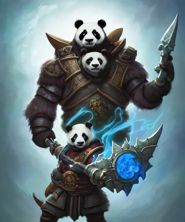 Prompt: a portrait an anthropomorphic panda paladin holding a doombringer, wearing paladin plate, landscape in background, dnd character art portrait, world of warcraft style, by peter mohrbacher, cinematic lighting