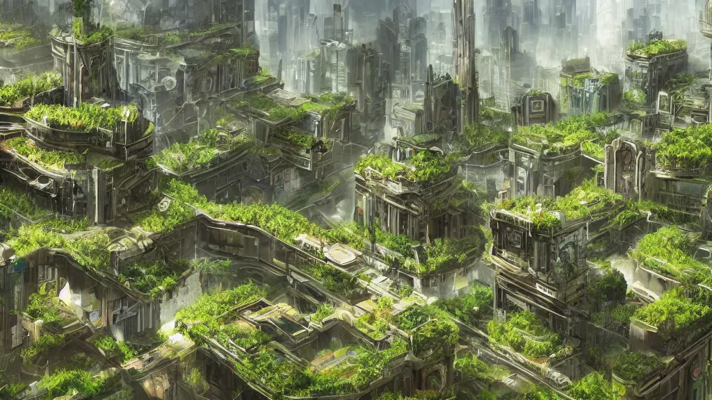 Prompt: an environmental concept art of a lush city in the year 2 0 5 0, highly detailed, realistic