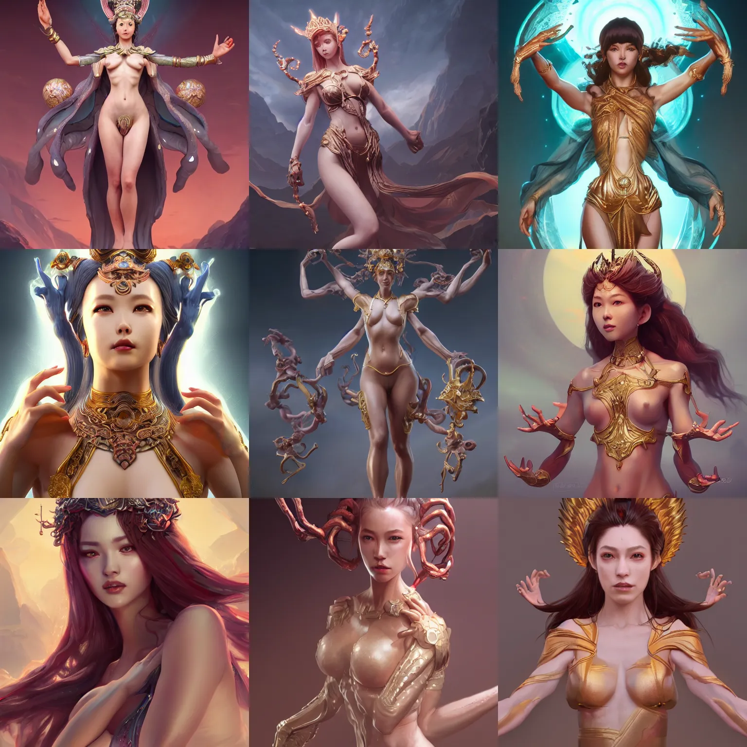 Prompt: goddess with six arms made by Stanley Artgerm Lau, WLOP, Rossdraws, ArtStation, CGSociety, concept art, cgsociety, octane render, trending on artstation, artstationHD, artstationHQ, unreal engine, 4k, 8k,