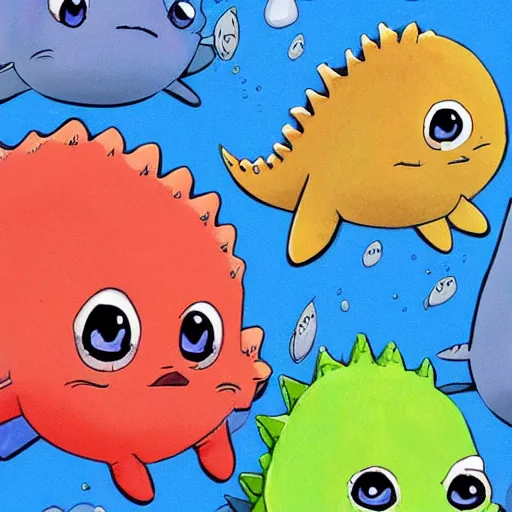 Image similar to baby fish dinosaurs cute, smiling, studio ghibli style