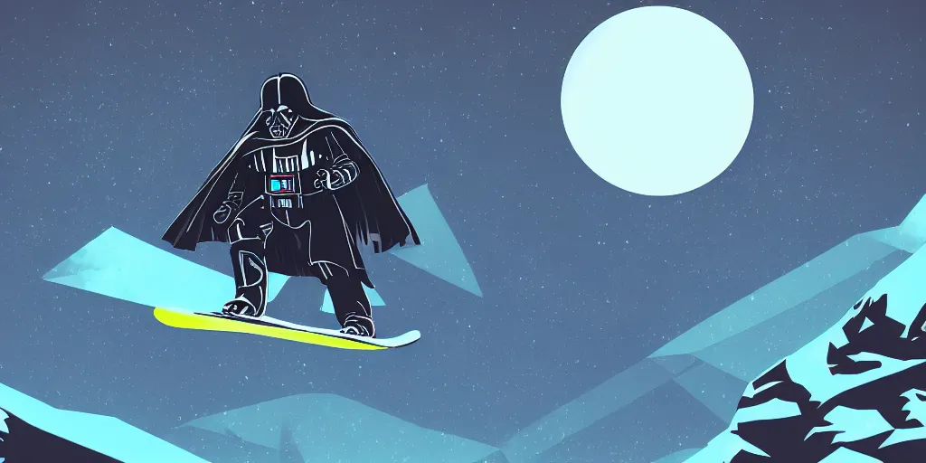 Image similar to darth vader snowboarding, vaporwave, vector graphics, synthwave, neon