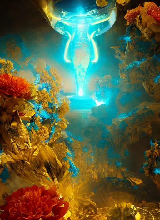 Image similar to flowers within the whole infinite capsule apparent with awe the apparition, an idea seep's into infinity highly detailed in volumetric latent space, golden turquoise steampunk, high contrast cinematic light, mystical shadows, sharp focus, divine realm of gods, octane render, artist by boris vallejo,