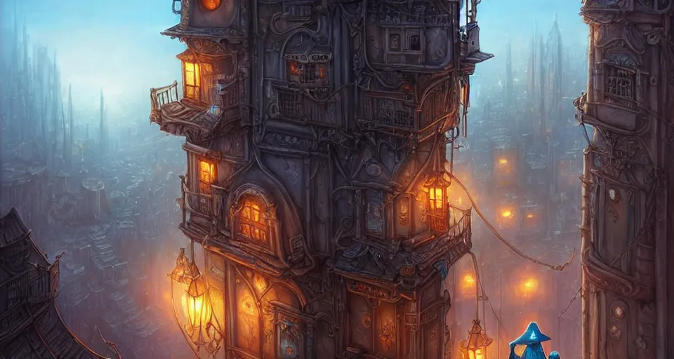 Image similar to landscape painting of fantasy metal steampunk city that has a light blue glow with walkways and lit windows and a fine detailed hooded thief in browns leathers climbing one of the tall buildings using a rope, fine details, magali villeneuve, artgerm, rutkowski