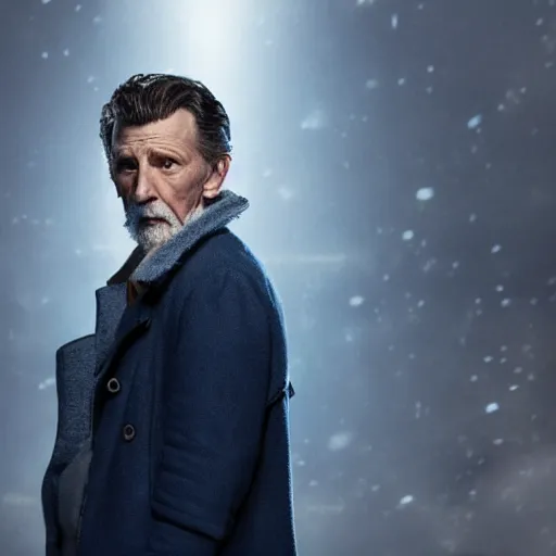 Image similar to tom holland as a rough dirty old man with a scruffy beard in a dark blue trenchcoat as the new doctor who, cinematic, volumetric lighting, f 8 aperture, cinematic eastman 5 3 8 4 film, photorealistic