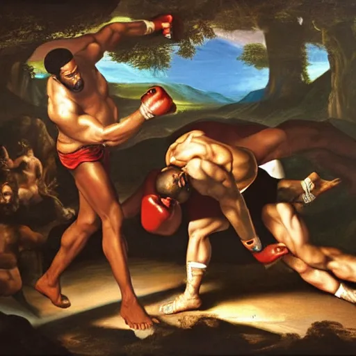 Prompt: will smith punching chris rock, the creation of adam, style of michaelangelo, 4k