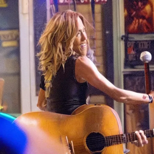 Prompt: sheryl crow fighting a scarecrow in a dive bar