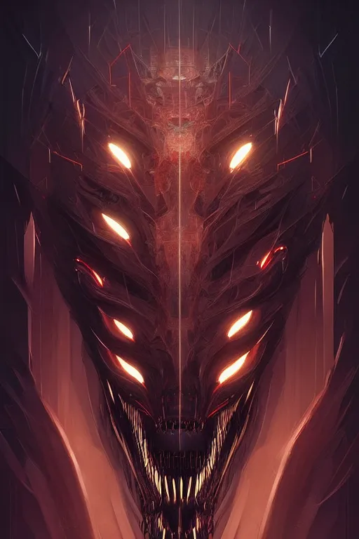 Image similar to professional concept art semi - symmetric portrait of a terrifying! mechanical predatory! fractal! species in a dark room by artgerm and greg rutkowski. an intricate, elegant, highly detailed digital painting, concept art, smooth, sharp focus, illustration, in the style of cam sykes.