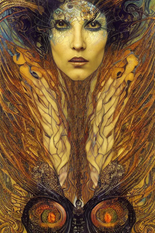 Prompt: Metamorphosis by Karol Bak, Jean Deville, Gustav Klimt, and Vincent Van Gogh, transformation portrait, chimera, visionary, cicada wings, otherworldly, fractal structures, ornate gilded medieval icon, third eye, hybrid, change, spirals, horizontal symmetry