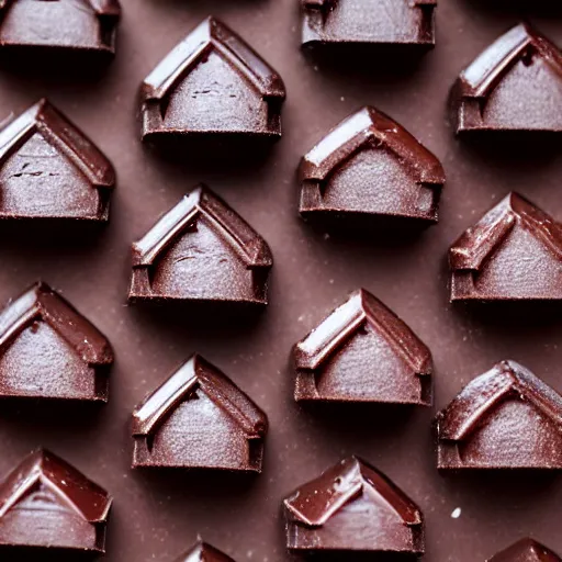 Prompt: dark chocolates shaped like houses, macro photo