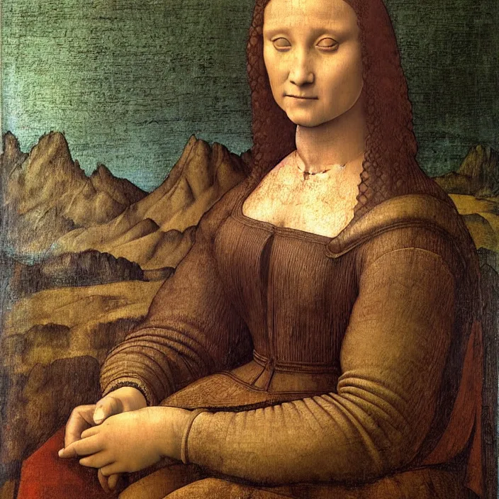 Image similar to a portrait of a woman painted by leonardo da vinci. the woman in the painting is shown seated with her hands folded in her lap. she is wearing a simple dress with a pattern of flowers. her hair is pulled back from her face and she has a small, faint smile. the background of the painting is a landscape of rolling hills and mountains.