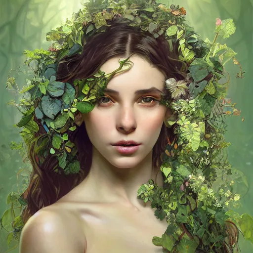 Image similar to a gorgeous young woman covered in plants, flowers and vine being one with her body, human plant hybrid, nature, intricate, headshot, highly detailed, digital painting, artstation, concept art, sharp focus, cinematic lighting, illustration, art by artgerm and greg rutkowski, alphonse mucha, cgsociety