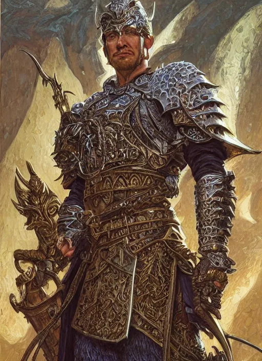 Image similar to fantasy style portrait of a male paladin, castle setting, intricate, elegant, highly detailed, matte, sharp focus, art by donato giancola and bayard wu, geof darrow, cinematic lighting