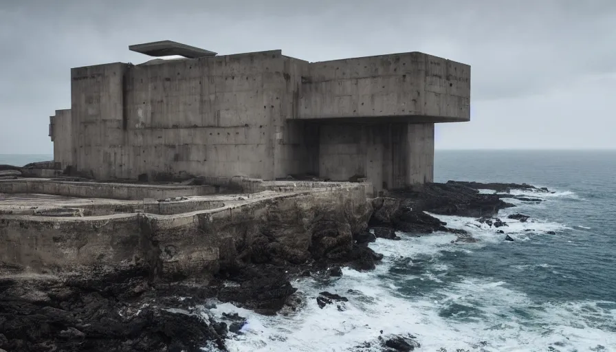 Image similar to coastal perched on a cliff overlooking a magnificient bay, imperial brutalist base, drawing architecture, ultra very long shot, top angle, imperial architecture in rogue one, pritzker architecture prize, brutalism architecture, jan urschel, greig fraser