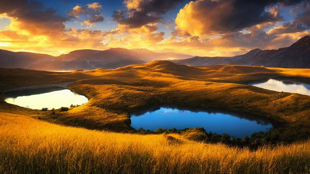 Prompt: amazing landscape photo of golden grasslands with lake in sunset by marc adamus, beautiful dramatic lighting