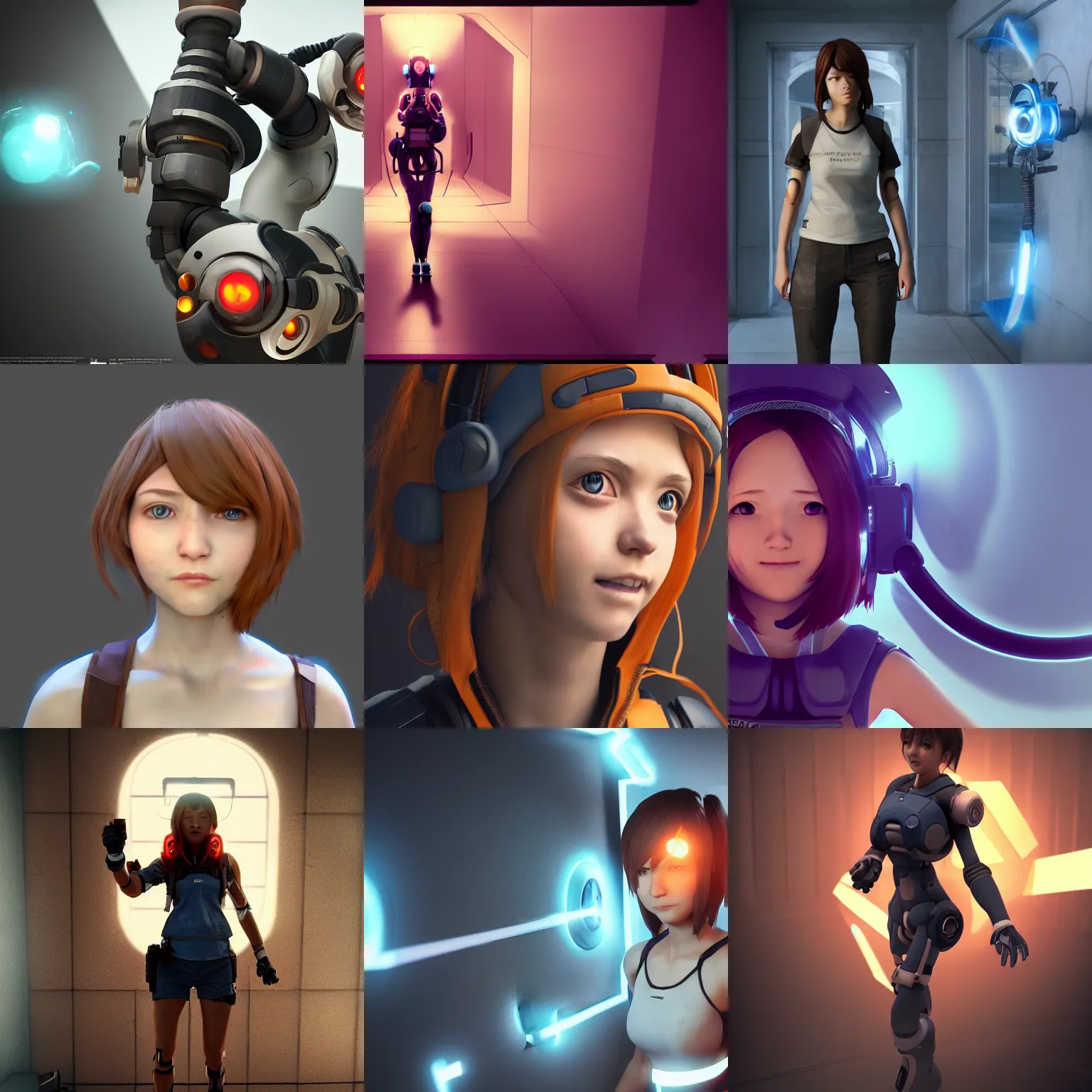 Prompt: portal game valve, anime!!! cyborg photo - realistic woman!!!! soft running, ( shy smiling face ), rembrandt, octane render, artstation