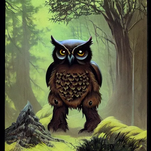 Image similar to three quarter portrait of an owlbear in the forest, d & d, fantasy, frank frazetta,
