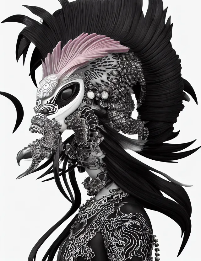 Image similar to 3 d goddess close - up profile portrait punk with mohawk with ram skull. beautiful intricately detailed japanese crow kitsune mask and clasical japanese kimono. betta fish, jellyfish phoenix, bio luminescent, plasma, ice, water, wind, creature, artwork by tooth wu and wlop and beeple and greg rutkowski