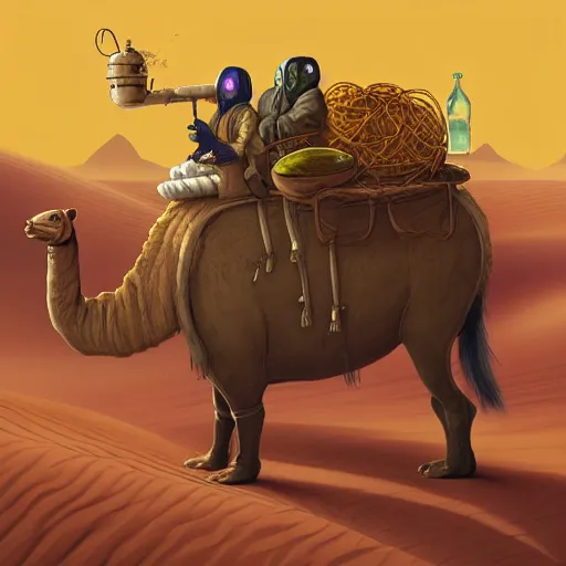 Prompt: several stoner merchants in robes with integrated bong gas mask appliances, carrying bales of herbs across an alien desert with camel-like creatures in tow. Album art by Arik Roper