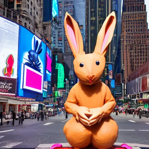 Prompt: a realistic plasticine sculpture of a very scary bunny with sharp teeth made by michelangelo, standing in times square, 3 d render, hyper detailed, sharp focus, 8 k resolution